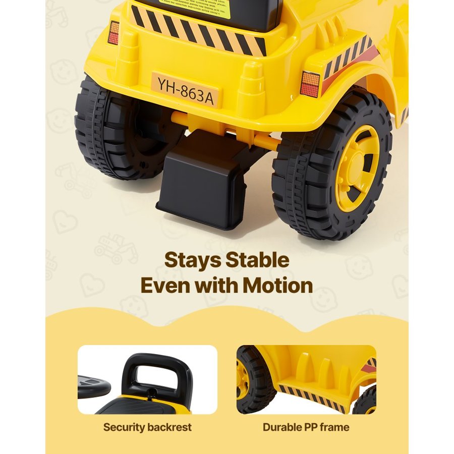 VEVOR Ride On Toddler Car, Ride on Excavator Car for Toddler 19 to 36 Months, Excavator Bulldozer Digger Toy with Under-seat Storage & Music, 25 kg Load Capacity, Foot-to-Floor Walker for Kid, Yellow