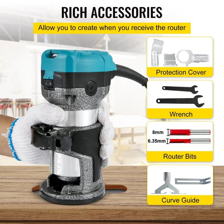 VEVOR Router Tool, 710W Wood Router, Router for Woodworking with 3 Router Collets, Wood Router Tool with Fixed & Plunge & Tilt Base, Woodworking Router with Aluminum Shell & 13000-33000 r/min Rotating