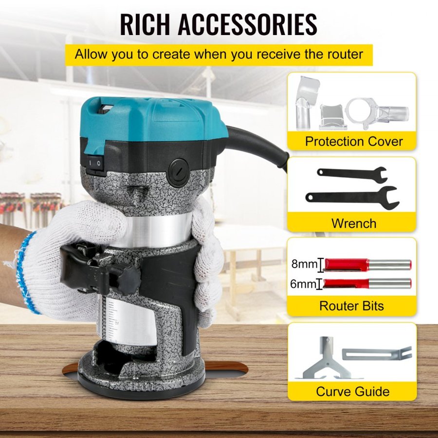 VEVOR Router Tool, 710W Wood Router, Router for Woodworking with 3 Router Collets, Wood Router Tool with Fixed & Plunge & Tilt & Offset Base, Woodworking Router with Aluminum Shell & Variable Rotating