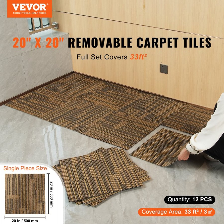 VEVOR Carpet Tiles Reusable, 20"x 20"Carpet Squares With Padding Attached, Soft Padded Carpet Tiles, Easy Install DIY for Bedroom Living Room (12Tiles, Mixed Brown)