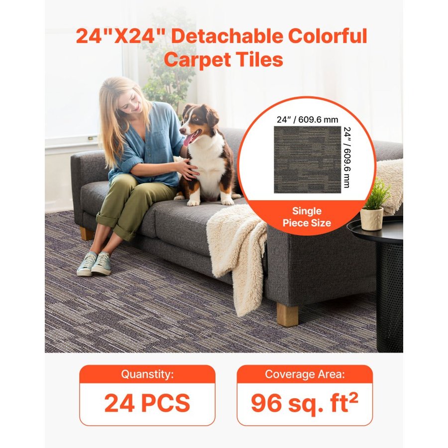 VEVOR Carpet Tiles Reusable 610x610 mm, 24 PCS Modular Carpet Square Rug, Commercial Floor Soft Padded for Seamless Cover 8.9㎡, Easy DIY Replacement for Living Room Bedroom Indoor, Gray & Brown