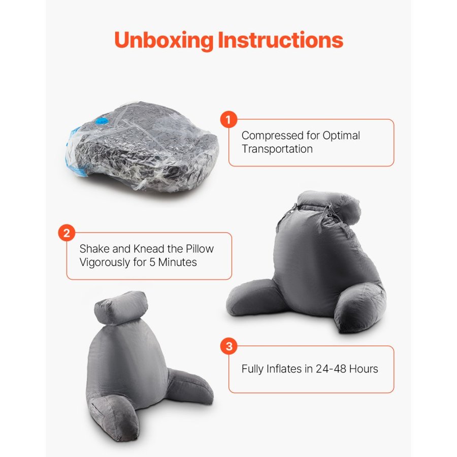 VEVOR Reading Pillow, Large Bed Pillow with Removable Headrest, Back Pillow with 3 Pockets, Shredded Memory Foam and Washable Short Velvet Cloth, Side with Handles for Reading, Gaming, Resting, Grey