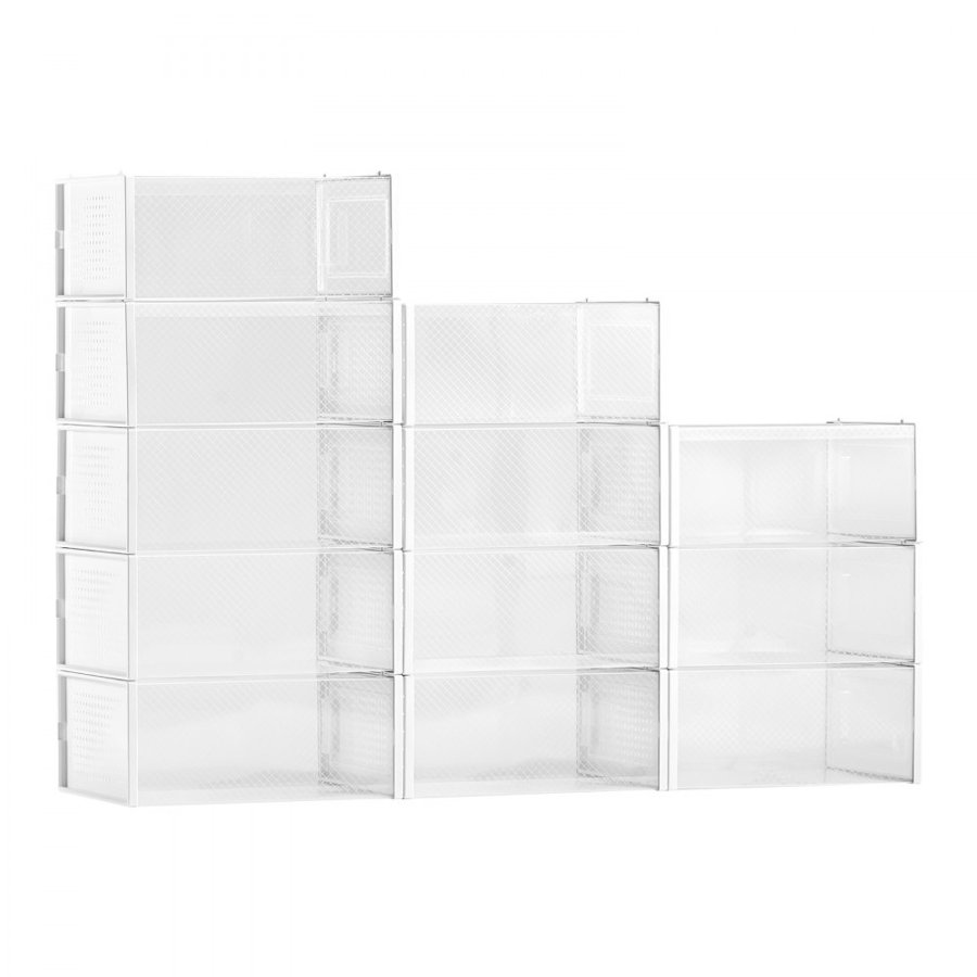 VEVOR Shoe Storage Boxes, 12 Pack Stackable Shoe Boxes Storage Organizers, Fit up to US Size 11, Plastic Modular Space Saving Sneaker Containers for Storing High Heels, Boots, and Hats, White Frame