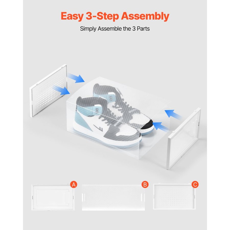 VEVOR Shoe Storage Boxes, 12 Pack Stackable Shoe Boxes Storage Organizers, Fit up to US Size 11, Plastic Modular Space Saving Sneaker Containers for Storing High Heels, Boots, and Hats, White Frame