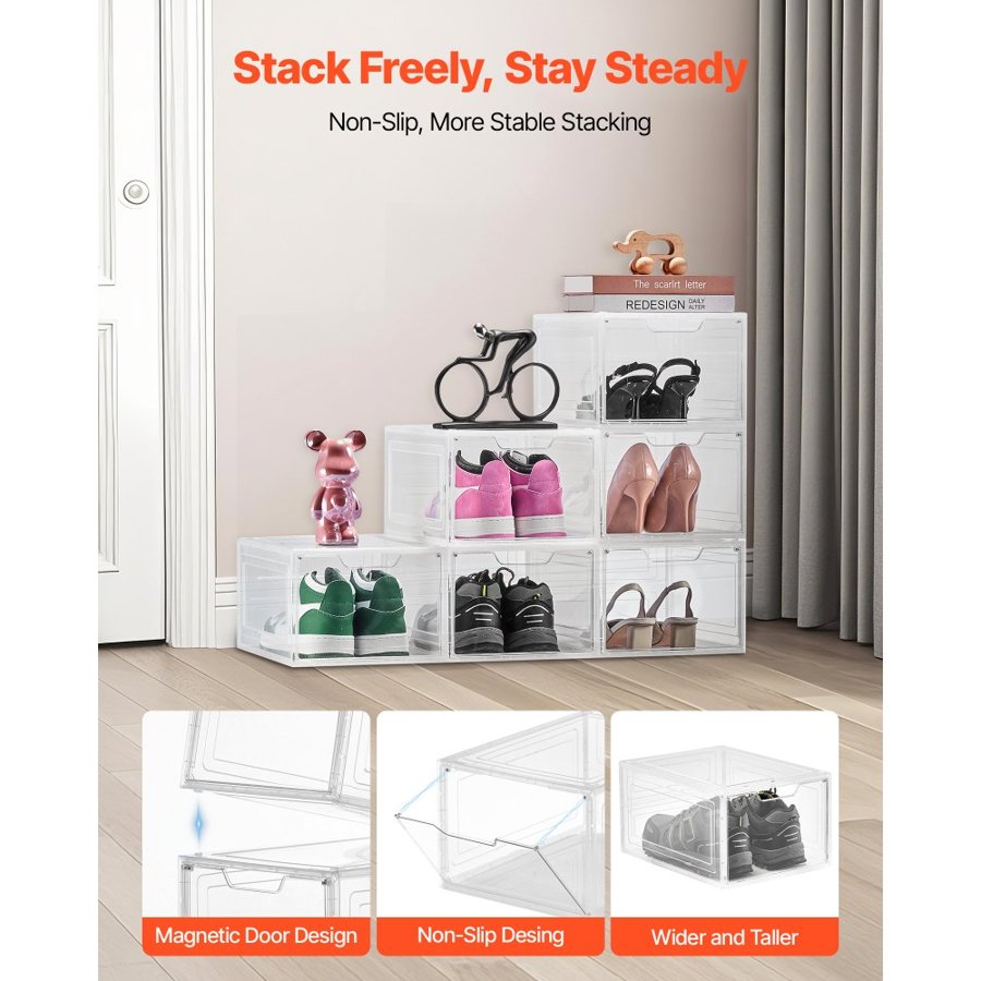 VEVOR Shoe Storage Boxes, 6 Pack Clear Stackable Shoe Boxes Storage Organizers with Magnetic Door, Fit up to US Size 13, Plastic Sneaker Containers for High Heels, Boots, and Hats, Transparent White