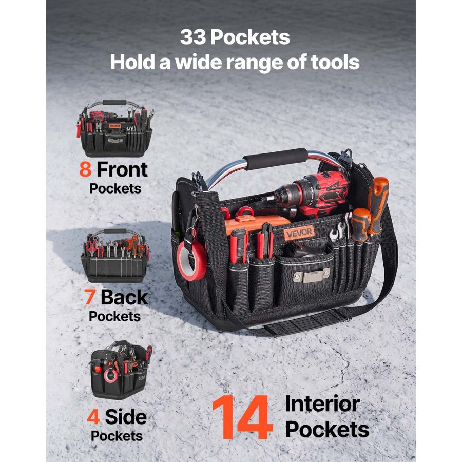VEVOR Tool Bag, 13 Inch, 33-Pocket Open Top Tool Tote, Portable Electrical Maintenance Toolbox Organizer Storage with Hard Plastic Base, Adjustable Shoulder Strap, for Professionals DIY & Jobsite Use