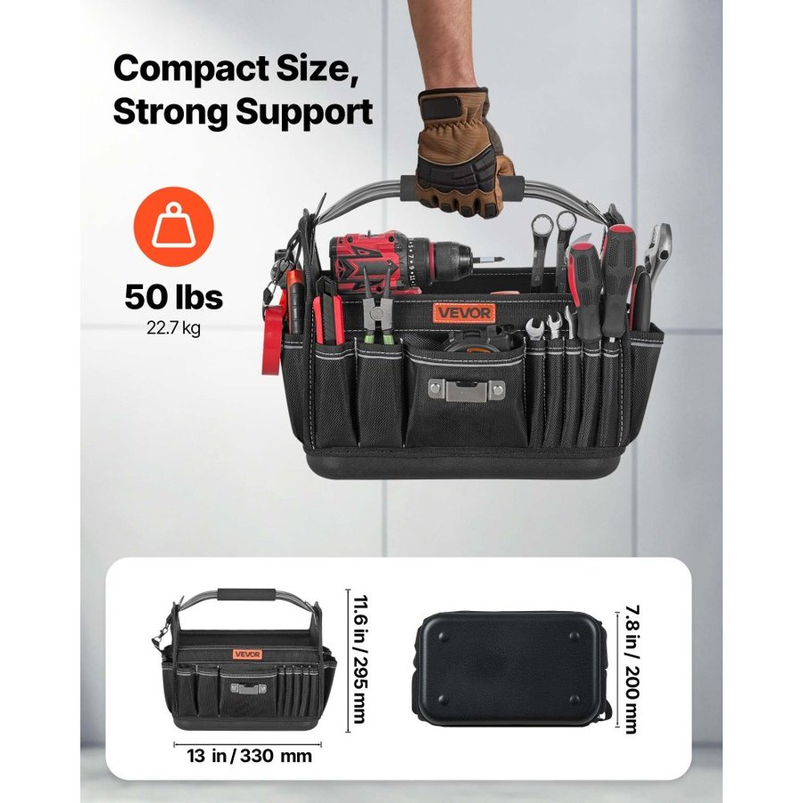 VEVOR Tool Bag, 13 Inch, 33-Pocket Open Top Tool Tote, Portable Electrical Maintenance Toolbox Organizer Storage with Hard Plastic Base, Adjustable Shoulder Strap, for Professionals DIY & Jobsite Use