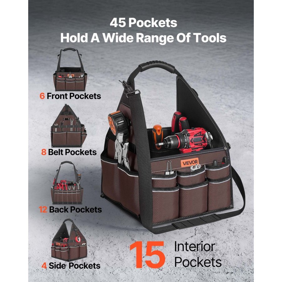 VEVOR Tool Bag, 330 MM, 45-Pocket Open Top Tool Tote, Electrical Maintenance Toolbox Organizer Storage with Handle, Adjustable Shoulder Strap, Portable Toolbag, for Professionals DIY & Jobsite Use