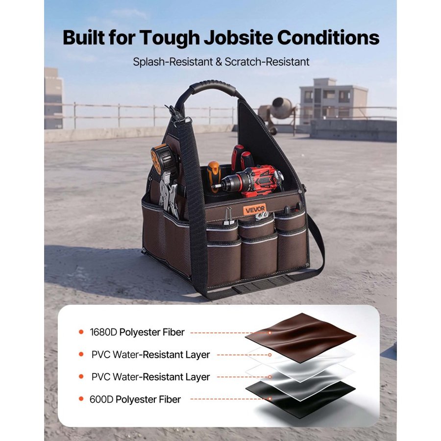 VEVOR Tool Bag, 330 MM, 45-Pocket Open Top Tool Tote, Electrical Maintenance Toolbox Organizer Storage with Handle, Adjustable Shoulder Strap, Portable Toolbag, for Professionals DIY & Jobsite Use