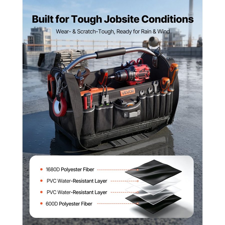 VEVOR Tool Bag, 16.1 Inch, 33-Pocket Open Top Tool Tote, Portable Electrical Maintenance Toolbox Organizer Storage with Hard Plastic Base, Adjustable Shoulder Strap, for Professionals DIY & Jobsite