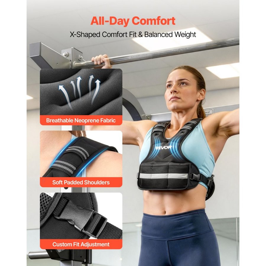 VEVOR Adjustable Weighted Vest, 4.7 kg Comfortable X-Shape Body Weight Vest Set with 6 Weight Packs and Reflective Stripe, for Men Women, Workout Equipment for Strength Training Running Jogging
