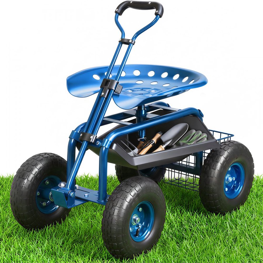 VEVOR Garden Cart Rolling Workseat with Wheels, Gardening Stool for Planting, 360 Degree Swivel Seat, Wagon Scooter with Steering Handle & Utility Tool Tray, Use for Patio, Yard, and Outdoors, Blue