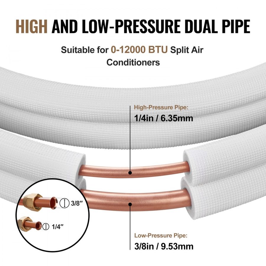 VEVOR 4876.8mm Mini Split Line Set, 6.4 & 9.5mm O.D Copper Pipes Tubing and Triple-Layer Insulation, for Air Conditioning or Heating Pump Equipment & HVAC with Rich Accessories (18ft Connection Cable)