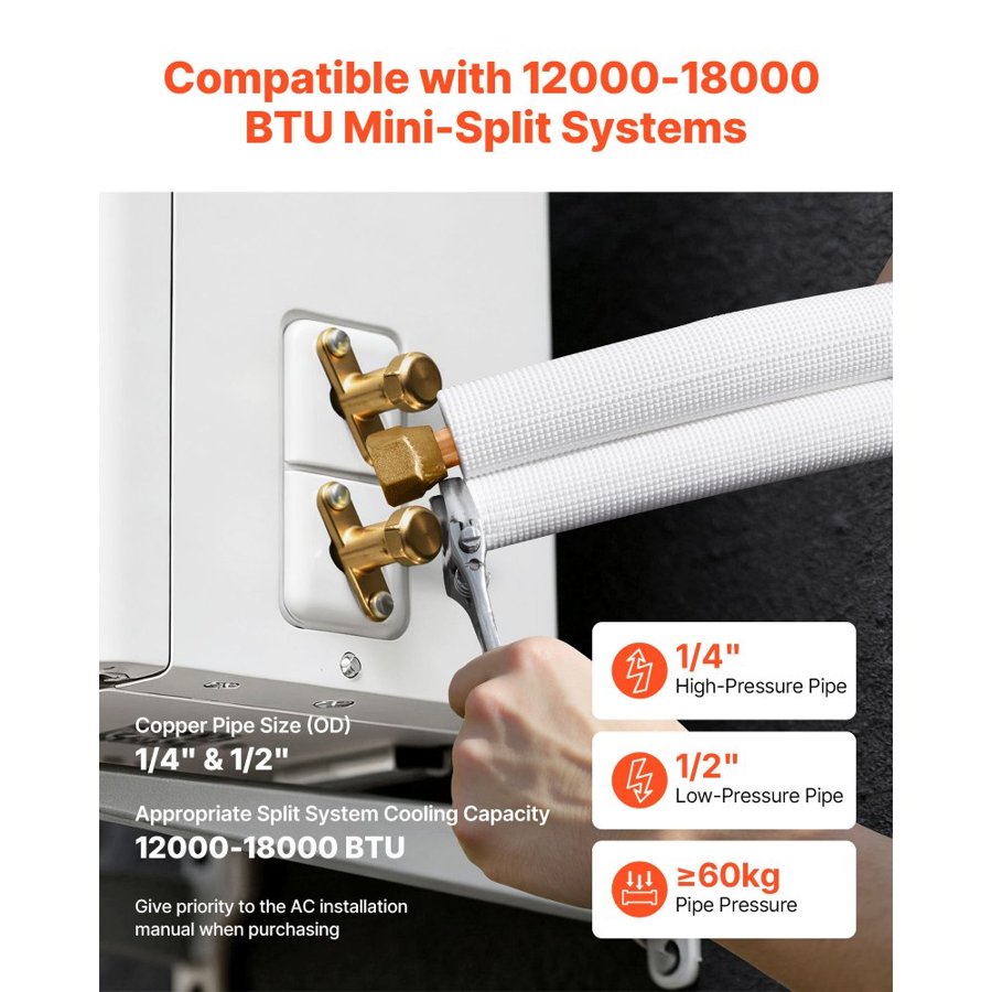 VEVOR 1/4 x 1/2 Mini Split Line Set – 50 ft Copper Kit