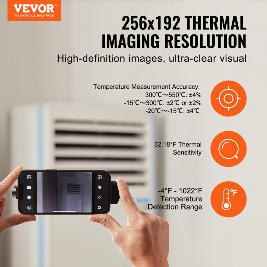VEVOR Thermal Imaging Camera for Android & IOS, 256 x 192 IR Resolution Wireless Infrared Thermal Imager with WiFi & Visual Camera, 25Hz Refresh Rate Thermal Camera for Smartphone, -4°F-1022°F, IP54