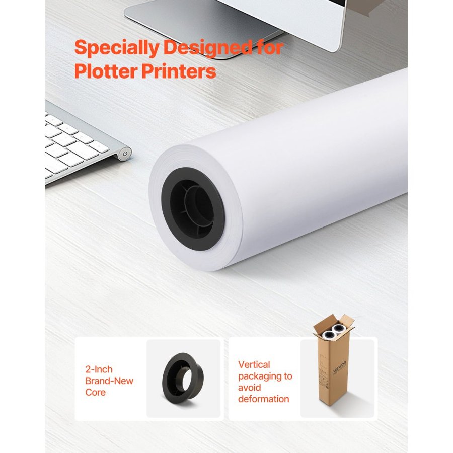 VEVOR 24" Plotter Paper Roll – 2 Rolls, 150 FT, 94%, 80 g/m²