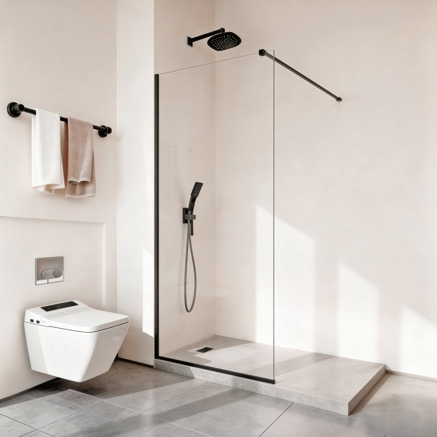 VEVOR Fixed Glass Shower Panel, 864 x 1870 mm Semi-Framed Fixed Shower Screen, 8 mm Thick Clear Tempered Glass Door with Bottom Seal Strip and Hardware, Easy to Clean, for Bathroom, Matte Black