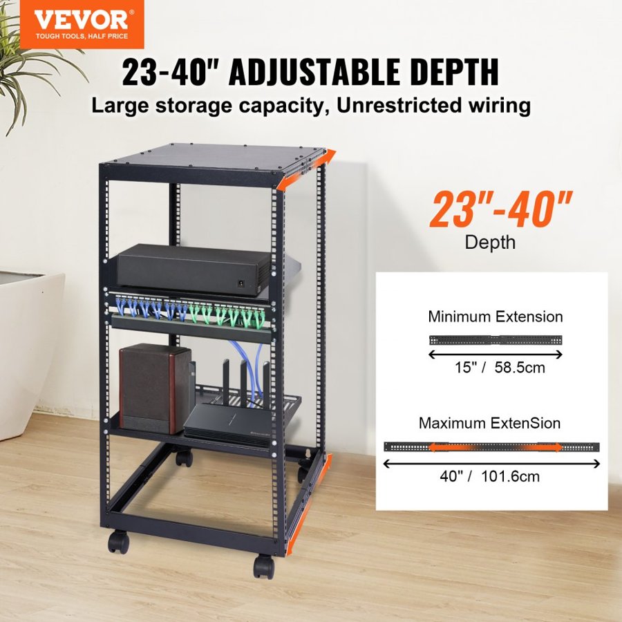 VEVOR 20U Open Frame Server Rack, 58.5-101.6cm/223-40 in Adjustable Depth, Free Standing or Wall Mount Network Server Rack, 4 Post AV Rack with Casters, Holds All Your Networking IT Equipment AV Gear Router Modem