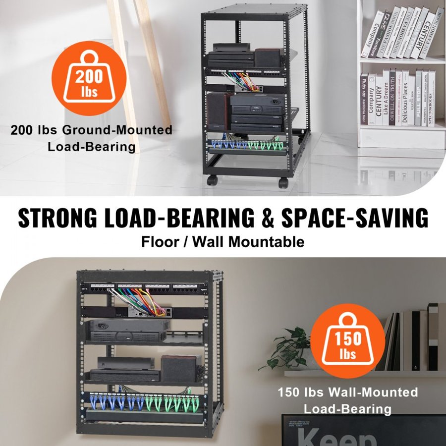 VEVOR 20U Open Frame Server Rack, 58.5-101.6cm/223-40 in Adjustable Depth, Free Standing or Wall Mount Network Server Rack, 4 Post AV Rack with Casters, Holds All Your Networking IT Equipment AV Gear Router Modem