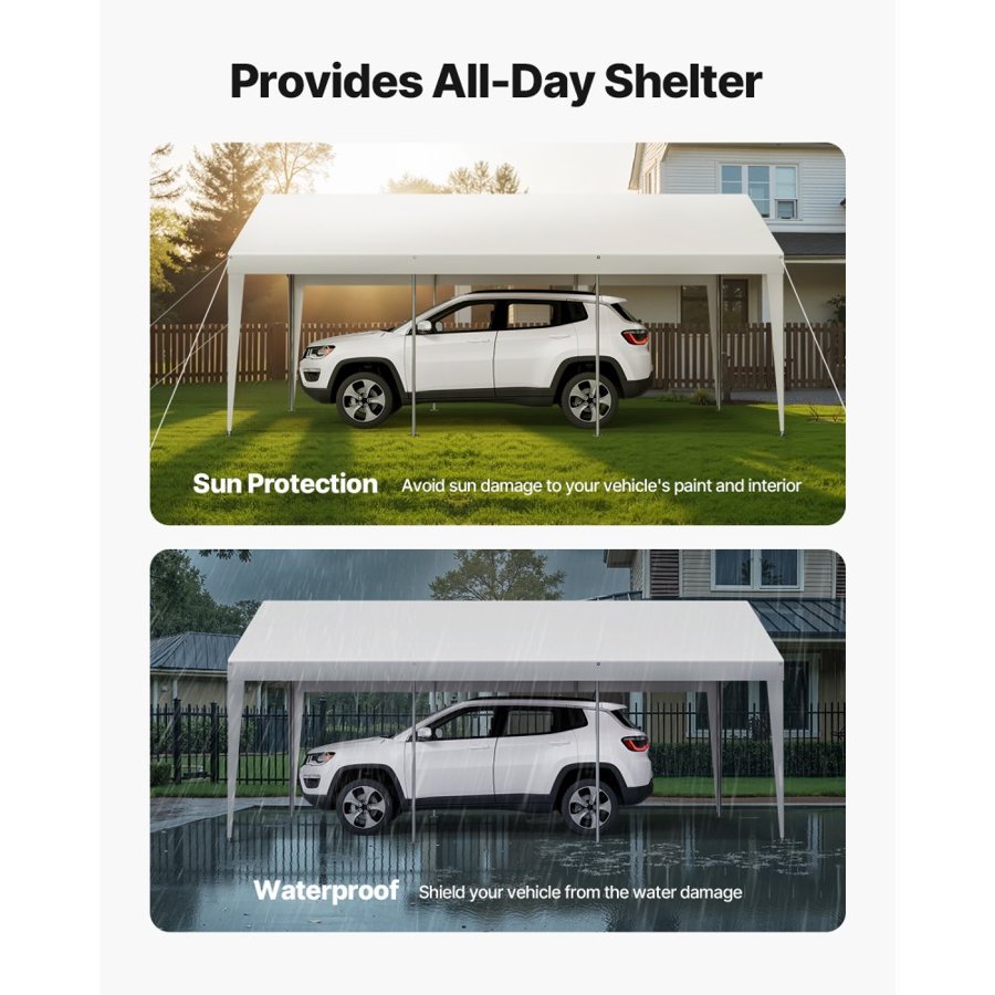 VEVOR Carport, 10 x 20 FT Outdoor Car Canopy, Potable Carport, Heavy Duty Galvanized Car Shelter, UV-Resistant & Water-Resistant, All-Season Protection, Storage Shed for Boat Motorcycle White