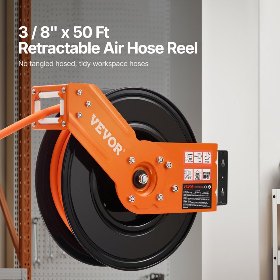 VEVOR Wall Mount Retractable Air Hose Reel – 3/8 in x 50 ft
