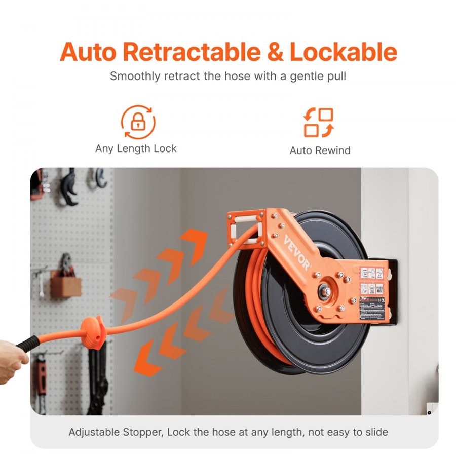 VEVOR Wall Mount Retractable Air Hose Reel – 3/8 in x 50 ft