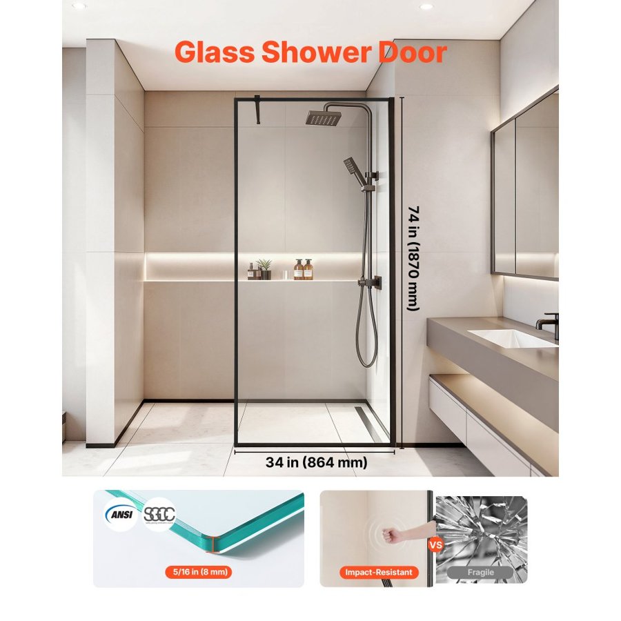 VEVOR Fixed Glass Shower Panel, 864 x 1870 mm Full-Framed Fixed Shower Screen, 8 mm Thick Clear Tempered Glass Door with Bottom Seal Strip and Hardware, Easy to Clean, for Bathroom, Matte Black