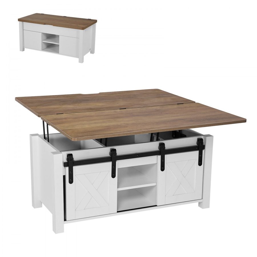 VEVOR 1000 mm Farmhouse Lift Top Coffee Table, Rustic Center Table with Barn Door and Hidden Storage Compartment, Modern Rectangle Lifting Tabletop for Living Room, Office, Home, Easy Assembly, Brown