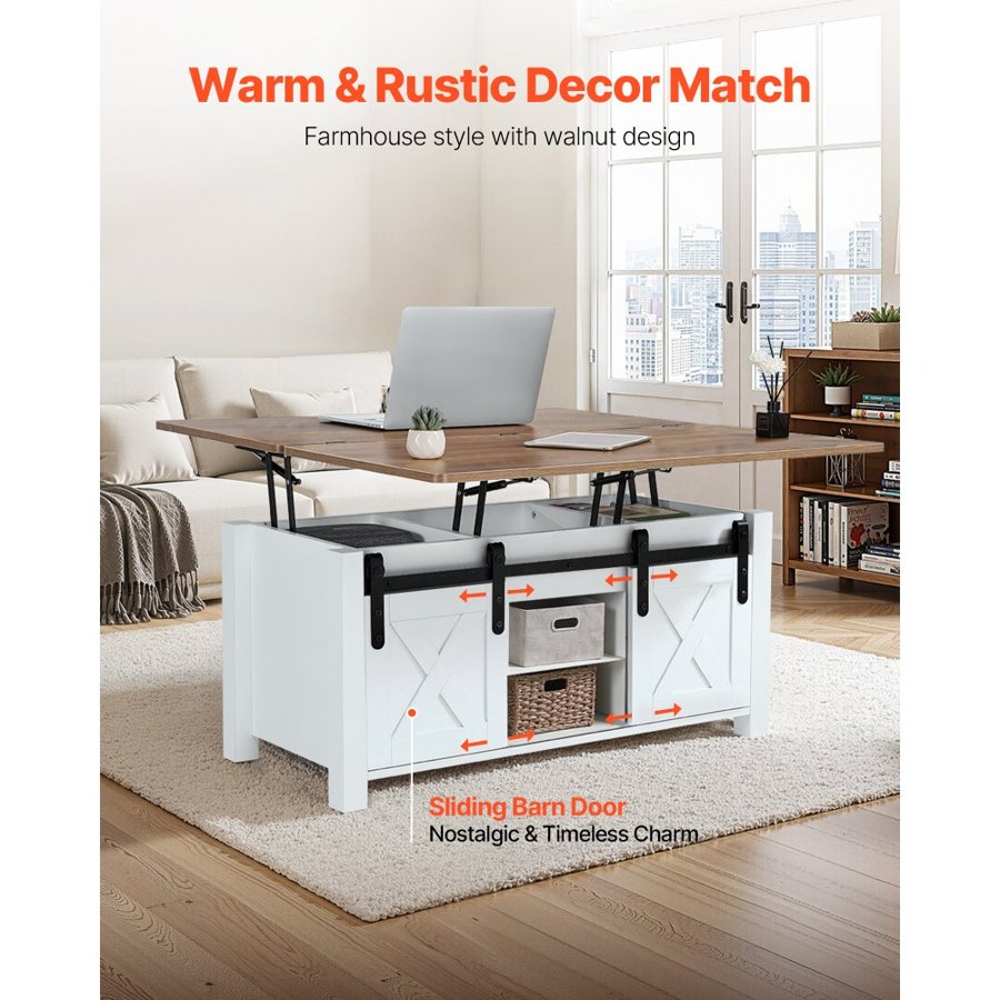 VEVOR 1000 mm Farmhouse Lift Top Coffee Table, Rustic Center Table with Barn Door and Hidden Storage Compartment, Modern Rectangle Lifting Tabletop for Living Room, Office, Home, Easy Assembly, Brown