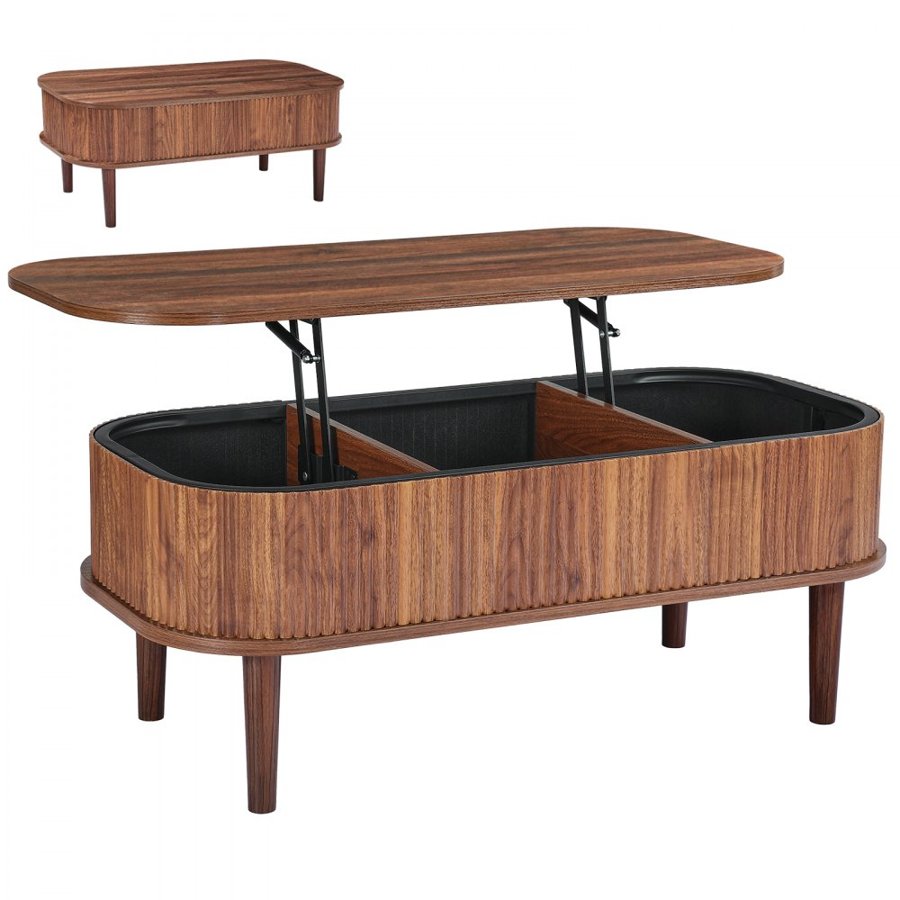 VEVOR 1000 mm Lift Top Coffee Table, Fluted Oval Coffee Table with 3 Hidden Compartment, Mid Century Wooden Oval Center Desk with Storage, Lift Up Tabletop for Home & Office, Easy Assembly, Walnut