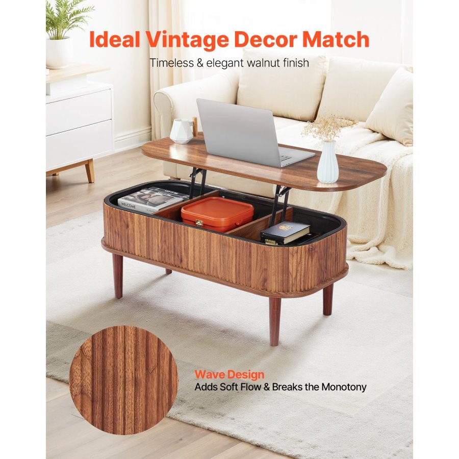 VEVOR 1000 mm Lift Top Coffee Table, Fluted Oval Coffee Table with 3 Hidden Compartment, Mid Century Wooden Oval Center Desk with Storage, Lift Up Tabletop for Home & Office, Easy Assembly, Walnut