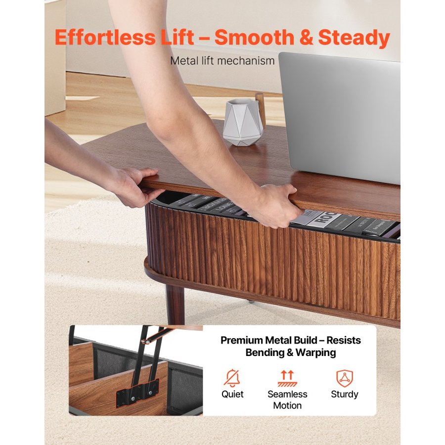 VEVOR 1000 mm Lift Top Coffee Table, Fluted Oval Coffee Table with 3 Hidden Compartment, Mid Century Wooden Oval Center Desk with Storage, Lift Up Tabletop for Home & Office, Easy Assembly, Walnut