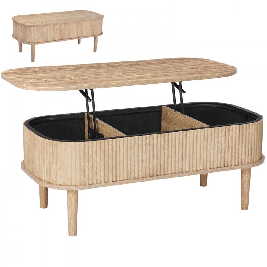 VEVOR 1000 mm Lift Top Coffee Table, Fluted Oval Coffee Table with 3 Hidden Compartment, Mid Century Wooden Oval Center Desk with Storage, Lift Up Tabletop for Home & Office, Easy Assembly, Burlywood