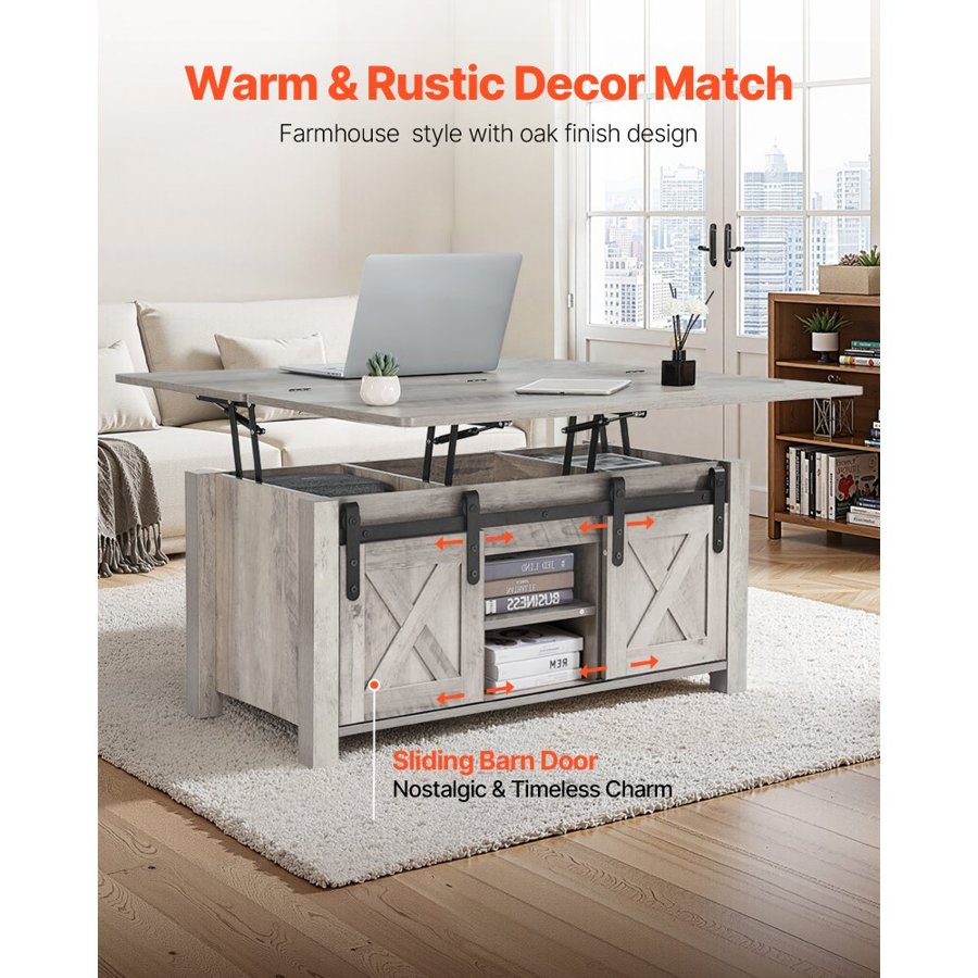 VEVOR 1000 mm Farmhouse Lift Top Coffee Table, Rustic Center Table with Barn Door and Hidden Storage Compartment, Modern Rectangle Lifting Tabletop for Living Room, Office, Home, Easy Assembly, Oak
