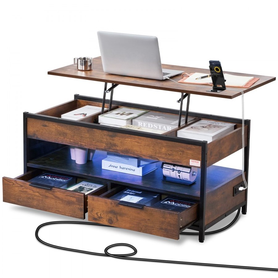 VEVOR Lift Top Coffee Table, 39.4 in Rectangle Coffee Table with Extra Storage Pockets, Pop Up Coffee Table with Power Strip & USB & Ambient Lighting for Living Room, Brown