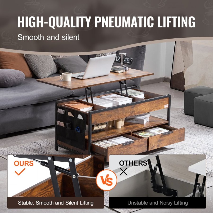 VEVOR Lift Top Coffee Table, 39.4 in Rectangle Coffee Table with Extra Storage Pockets, Pop Up Coffee Table with Power Strip & USB & Ambient Lighting for Living Room, Brown