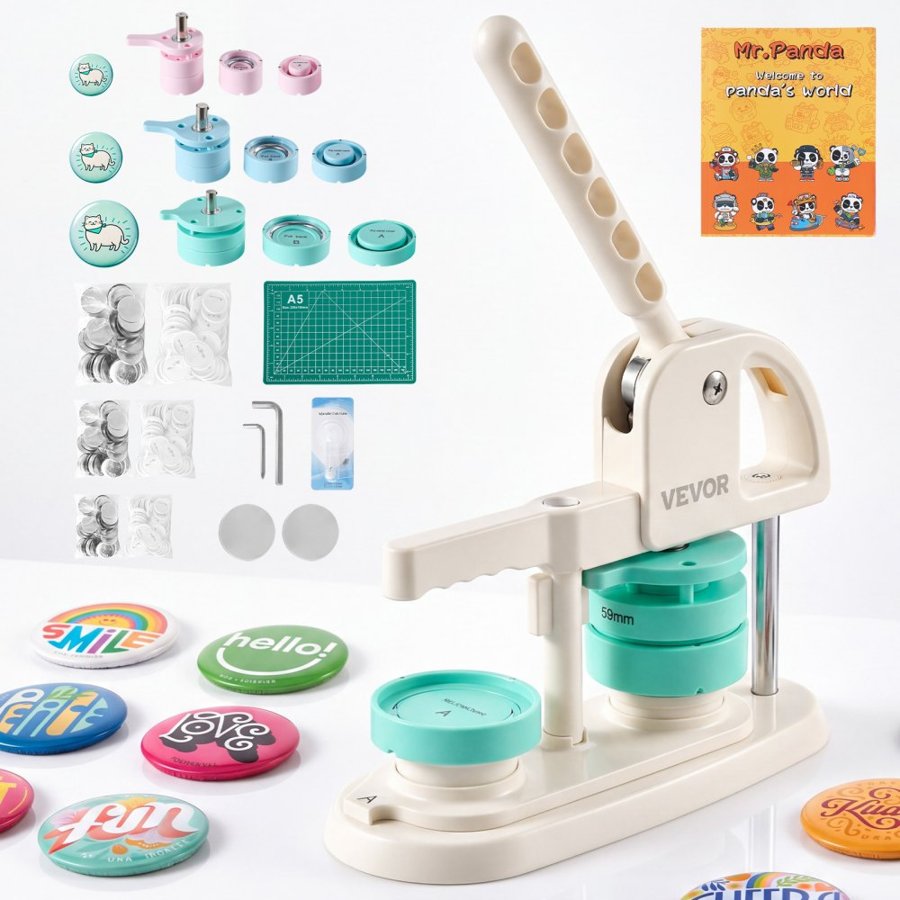 VEVOR Button Maker Machine, 1"/1.25"/2.25"(25/32/58 mm), Quick-Change Plastic Pin Maker, 300pcs Button Parts, Circle Cutter and Magic Book, Reinforced Handle, for DIY Badges, Pins, Key Chains