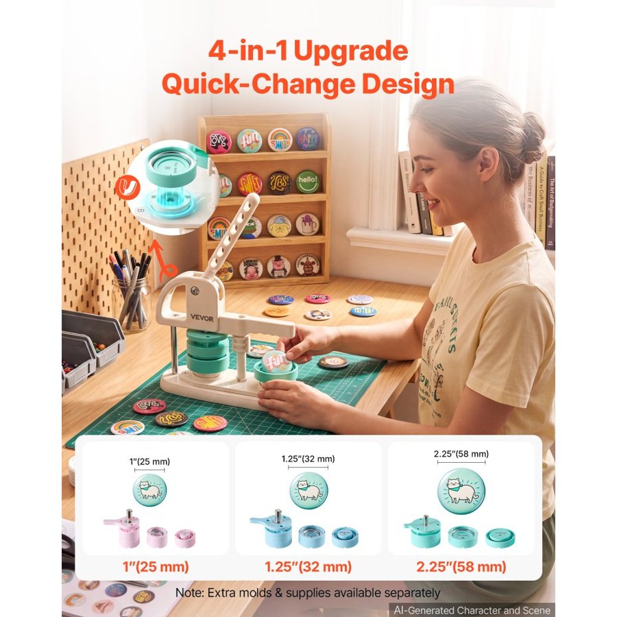VEVOR Button Maker Machine, 1"/1.25"/2.25"(25/32/58 mm), Quick-Change Plastic Pin Maker, 300pcs Button Parts, Circle Cutter and Magic Book, Reinforced Handle, for DIY Badges, Pins, Key Chains