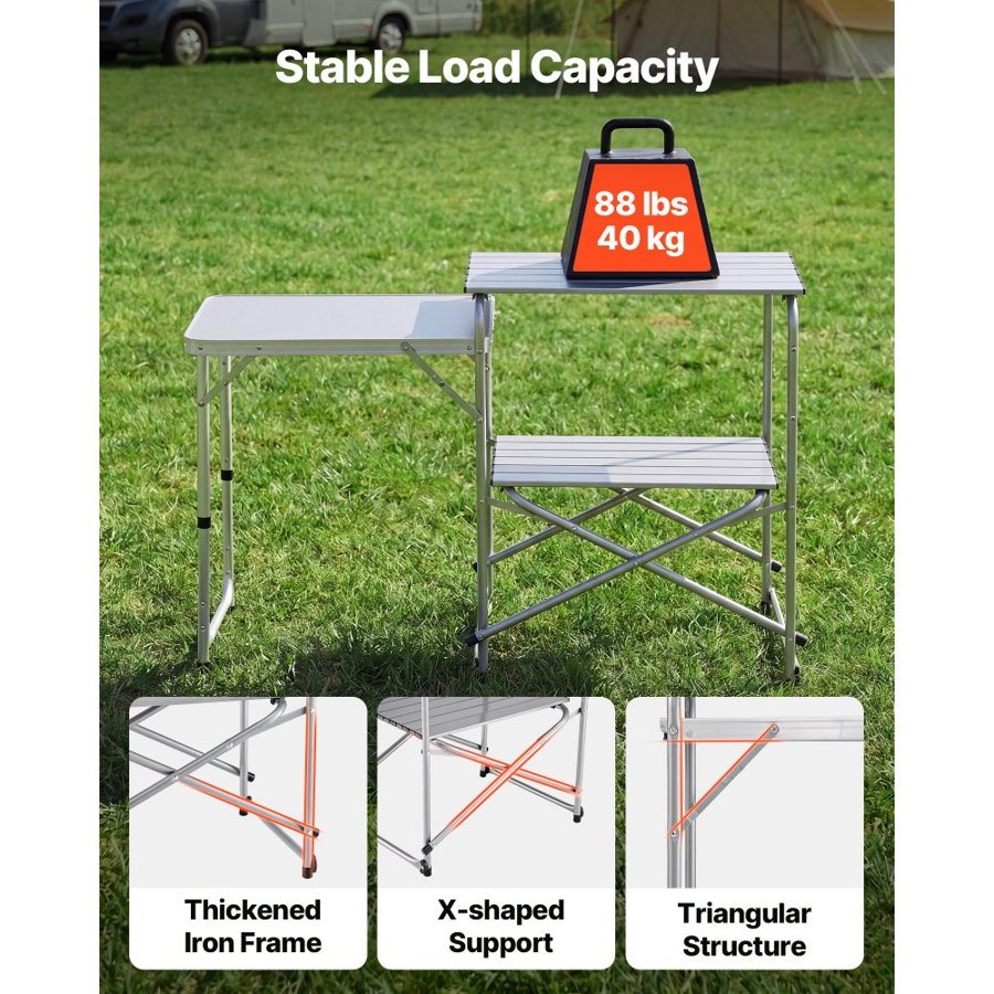 VEVOR Camping Kitchen Table, Slim-Fold Cook Station, Portable Folding Table, with Side Table, Heat Resistant Tabletop, and Carrying Bag, Ideal for Outdoor Picnics, BBQs, Camping, RV Traveling