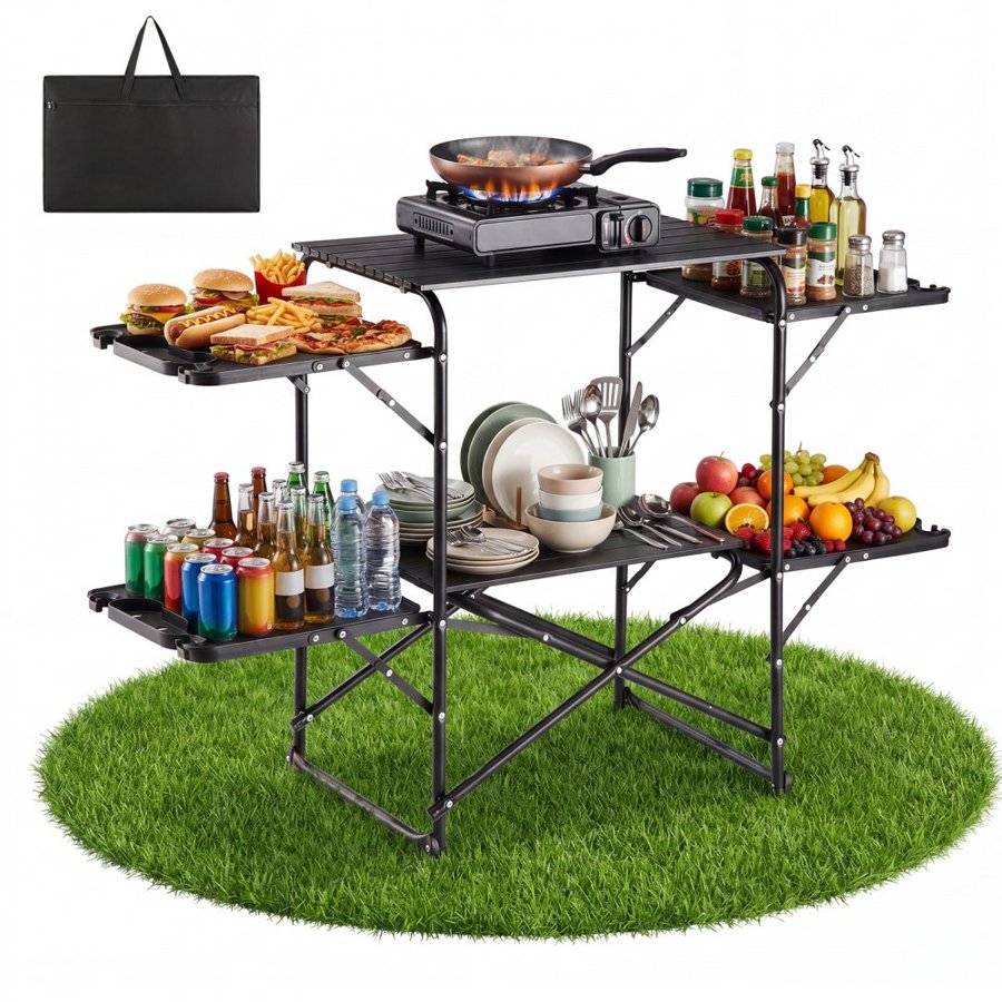 VEVOR Camping Kitchen Table, Slim-Fold Cook Station, Portable Folding Table, with 4 Side Tables, Heat Resistant Tabletop, and Carrying Bag, Ideal for Outdoor Picnics, BBQs, Camping, RV Traveling