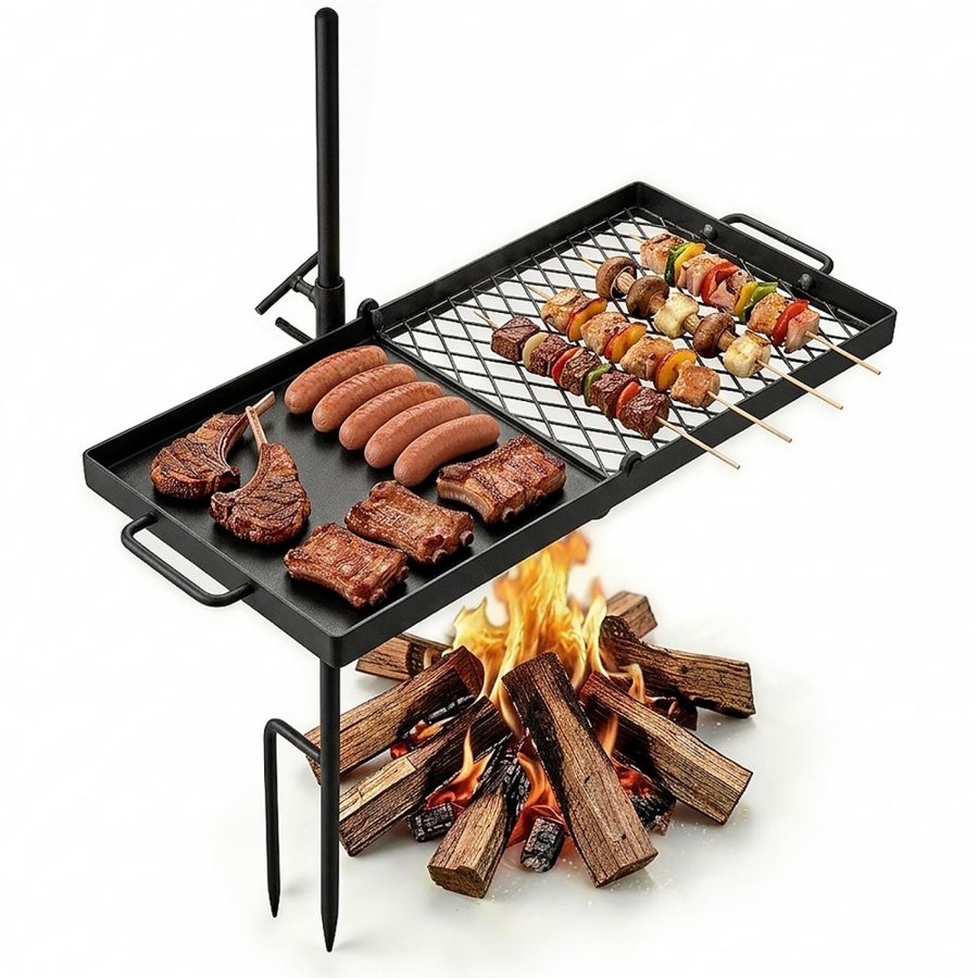 VEVOR Heavy Duty Swivel Campfire Grill, 61cm Portable Camping Grill Grate & Griddle, Sturdy Steel BBQ Mesh, 360° Height Adjustable Over Fire Pit Equipment, for Outdoor Open Flame Cooking, Black