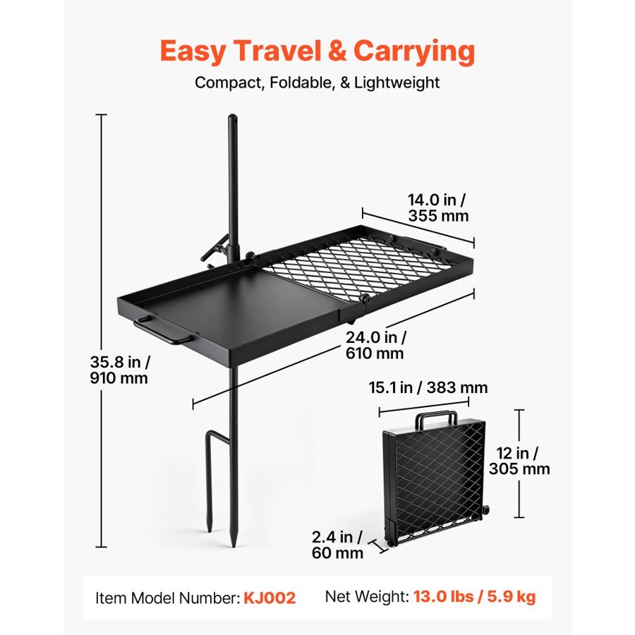 VEVOR Heavy Duty Swivel Campfire Grill, 61cm Portable Camping Grill Grate & Griddle, Sturdy Steel BBQ Mesh, 360° Height Adjustable Over Fire Pit Equipment, for Outdoor Open Flame Cooking, Black