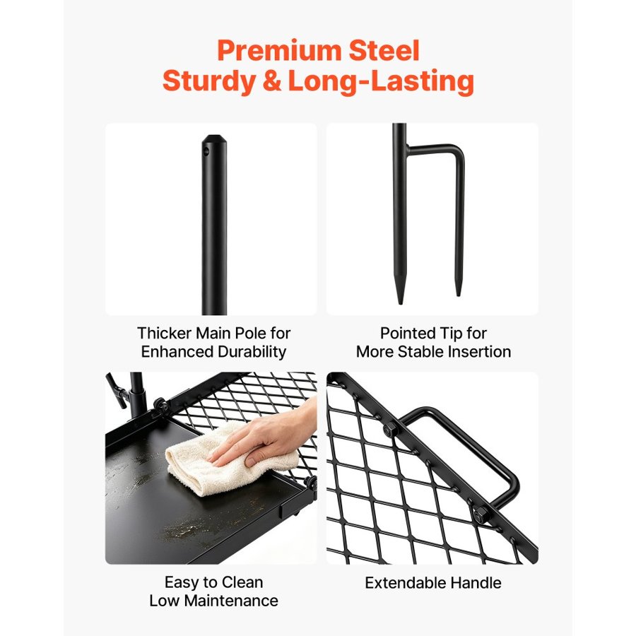 VEVOR Heavy Duty Swivel Campfire Grill, 61cm Portable Camping Grill Grate & Griddle, Sturdy Steel BBQ Mesh, 360° Height Adjustable Over Fire Pit Equipment, for Outdoor Open Flame Cooking, Black