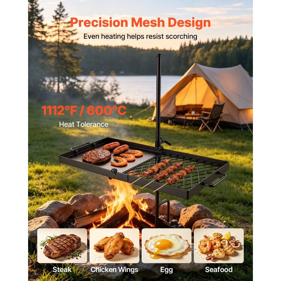 VEVOR Heavy Duty Swivel Campfire Grill, 61cm Portable Camping Grill Grate & Griddle, Sturdy Steel BBQ Mesh, 360° Height Adjustable Over Fire Pit Equipment, for Outdoor Open Flame Cooking, Black