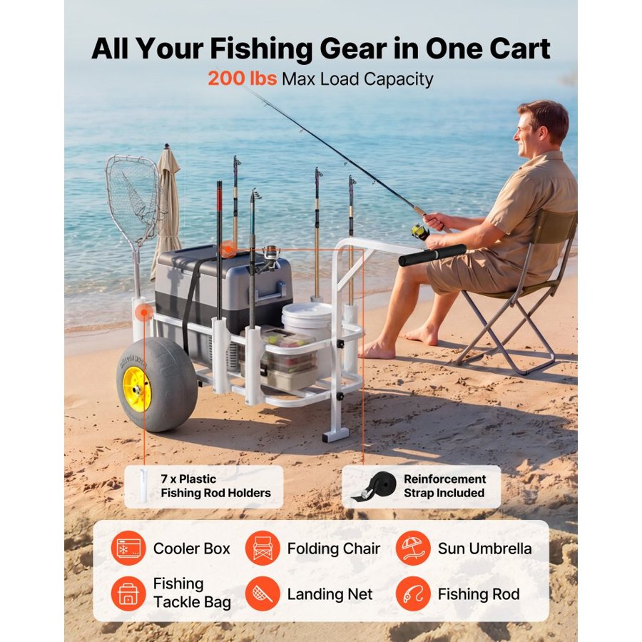 VEVOR Beach Fishing Cart, 90.7 kg Load Capacity, Fishing Cart Wagon with Heavy-Duty Carbon Steel Frame, 330 mm All-Terrain PU Balloon Tires, 7 Rod Holders, for Outdoor Activities Camping Picnic