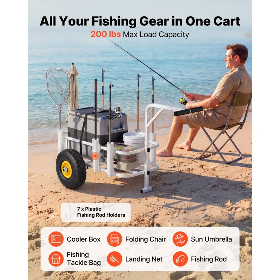 VEVOR Beach Fishing Cart, 90.7 kg Load Capacity, Fishing Cart Wagon with Heavy-Duty Carbon Steel Frame, 280 mm All-Terrain Tires, 7 Rod Holders, Easy to Clean, for Outdoor Activities Camping Picnic