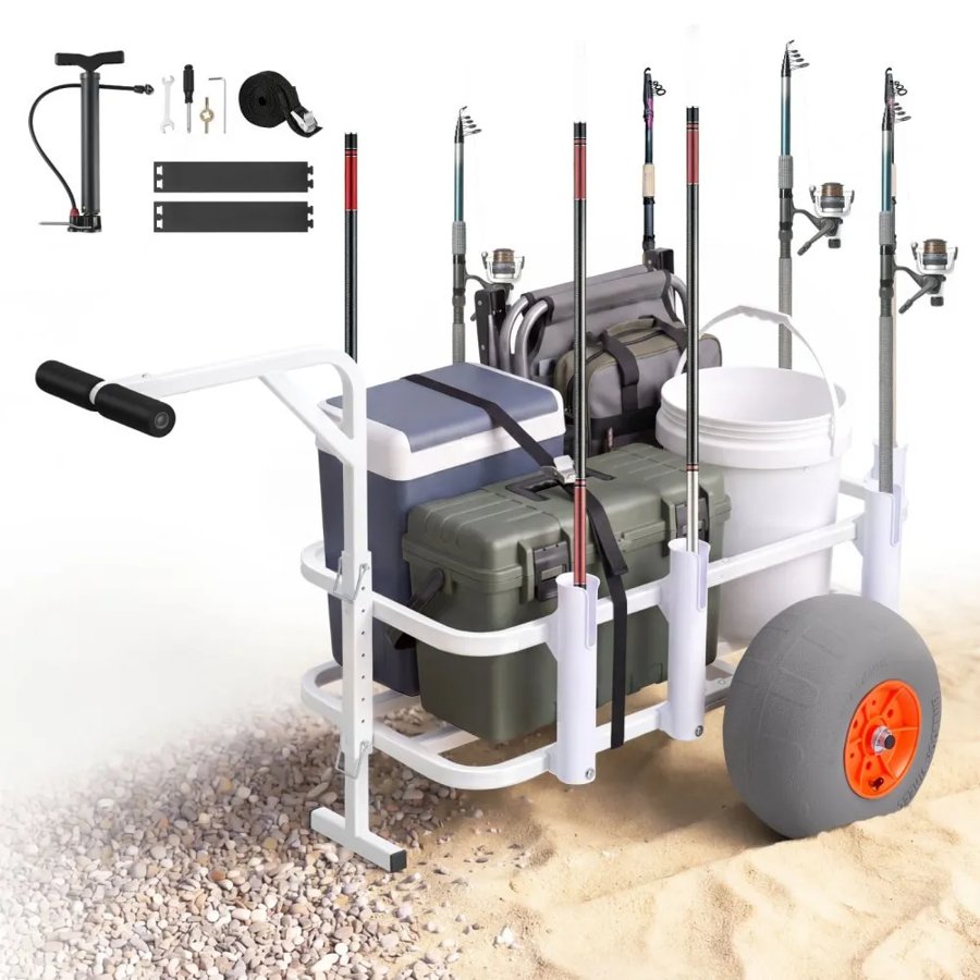 VEVOR Beach Fishing Cart, 136 kg Load Capacity, Fishing Cart Wagon with Heavy-Duty Aluminum Alloy Frame, 330 mm All-Terrain PU Balloon Tires, 8 Rod Holders, for Outdoor Activities Camping Picnic