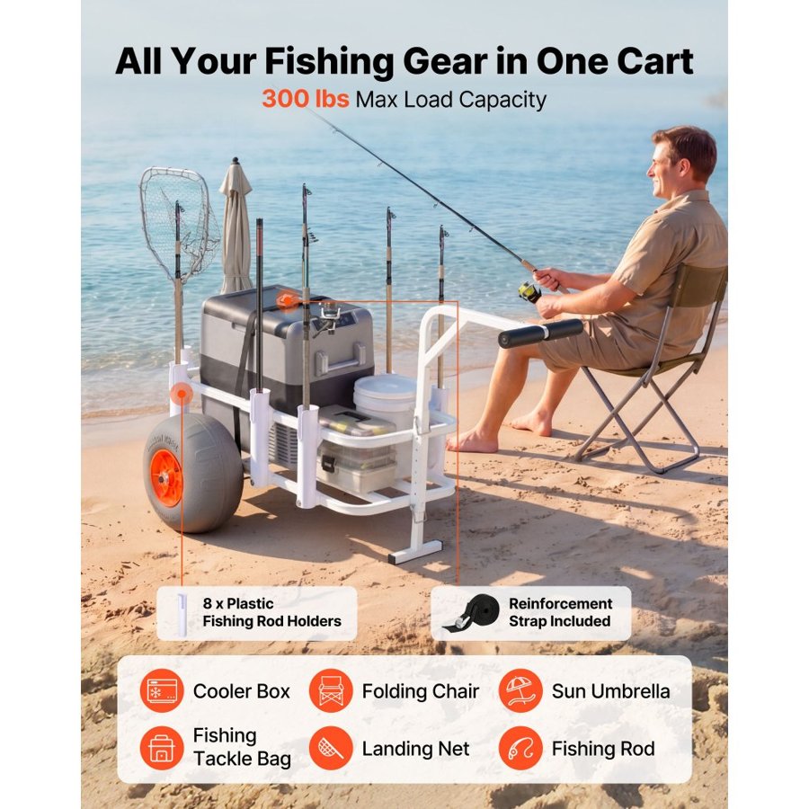 VEVOR Beach Fishing Cart, 136 kg Load Capacity, Fishing Cart Wagon with Heavy-Duty Aluminum Alloy Frame, 330 mm All-Terrain PU Balloon Tires, 8 Rod Holders, for Outdoor Activities Camping Picnic