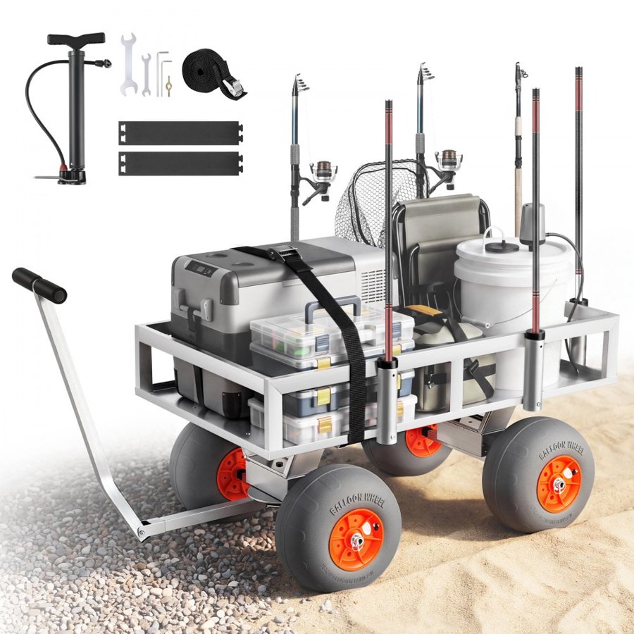 VEVOR Beach Fishing Cart, 159 kg Load Capacity, Fishing Cart Wagon with Heavy-Duty Aluminum Alloy Frame, 330 mm All-Terrain PU Balloon Tires, 6 Rod Holders, for Outdoor Activities Camping Picnic