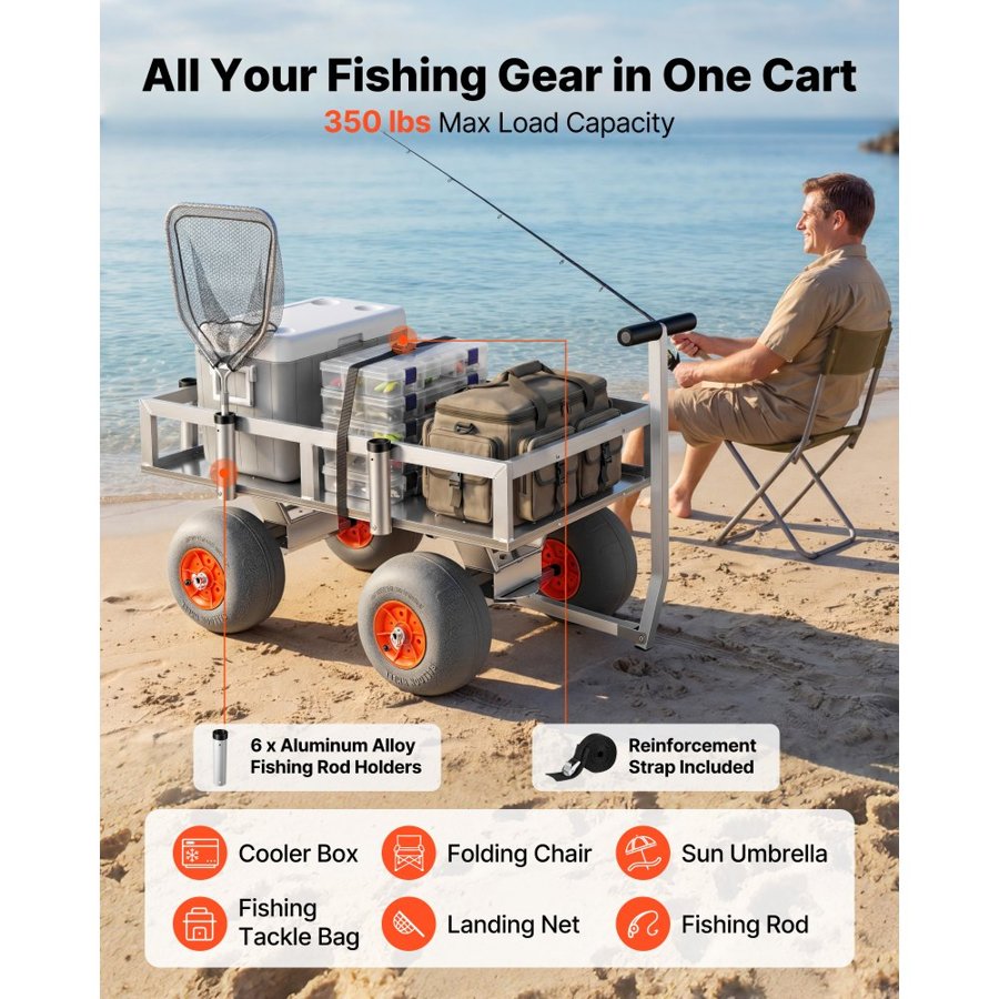 VEVOR Beach Fishing Cart, 159 kg Load Capacity, Fishing Cart Wagon with Heavy-Duty Aluminum Alloy Frame, 330 mm All-Terrain PU Balloon Tires, 6 Rod Holders, for Outdoor Activities Camping Picnic